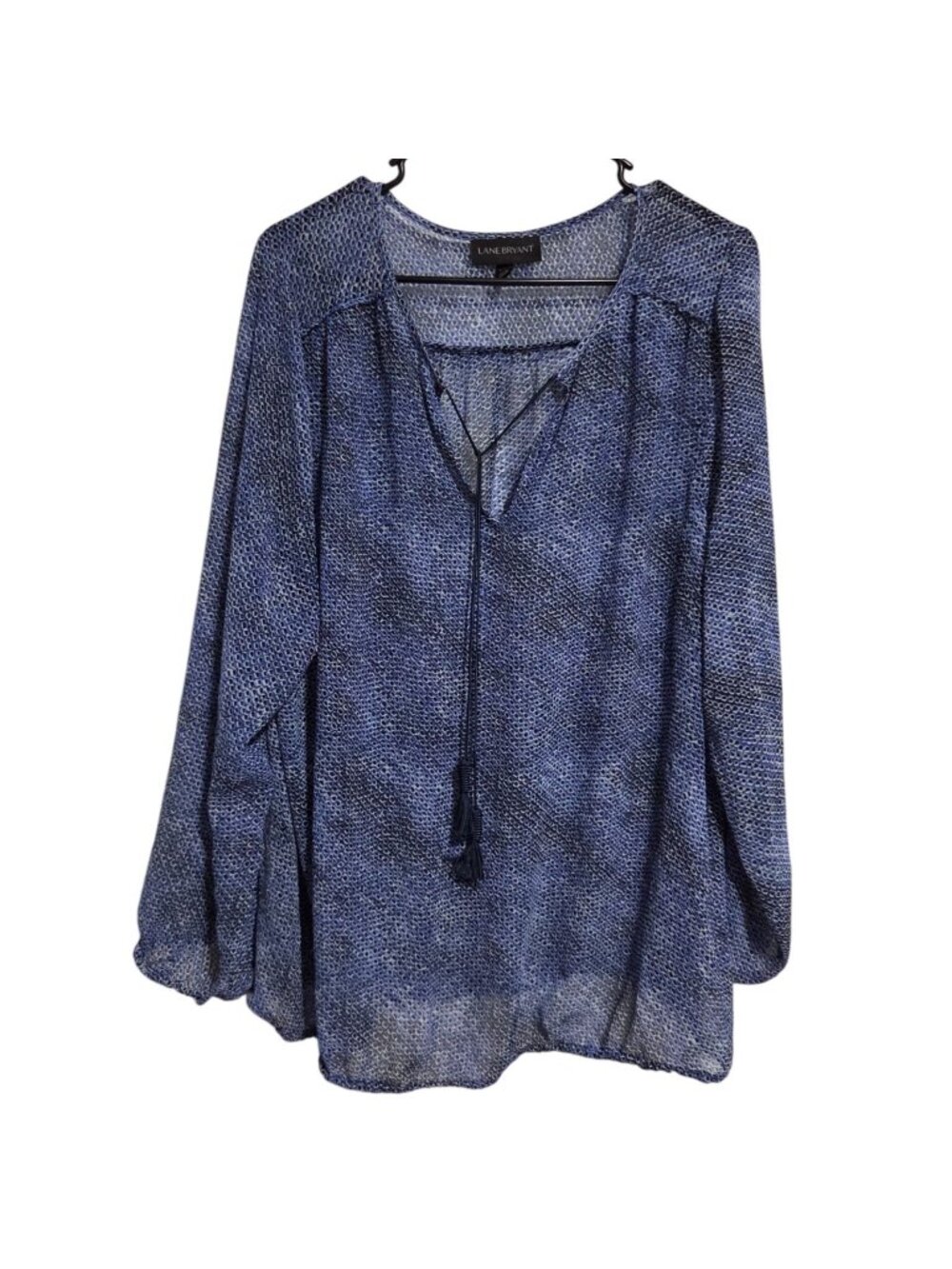 Lane Bryant Blouse Womens Plus Size 18 20 Blue Flowy Boho Peasant Tassel Tie Top